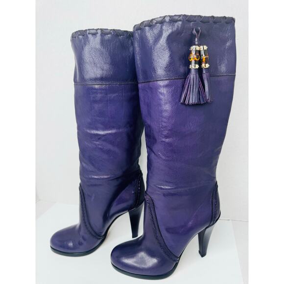 Gucci Vintage Purple Slouch Leather Knee-High Boots w/ Tassel Women’s Size EU 36 - Picture 1 of 12